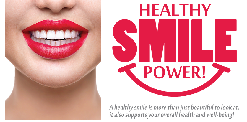 The image is a promotional graphic for a company named  Healthy Smile Power  that offers teeth whitening services. It features a close-up of a person s face with red lipstick, emphasizing the smile and the teeth, against a white background.